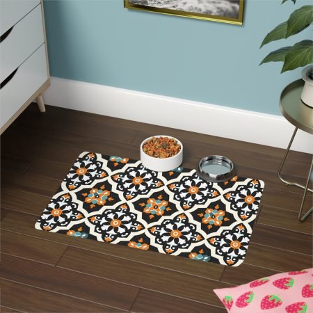 Decorative Pet Food Mat 12x18 — Moroccan Tile Pattern, Non-Slip Feeding Mat