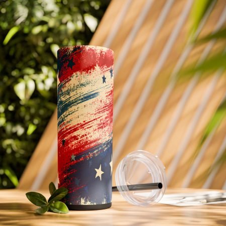 Patriotic American Flag Skinny Tumbler 20oz with Straw — Distressed Stars & Stripes