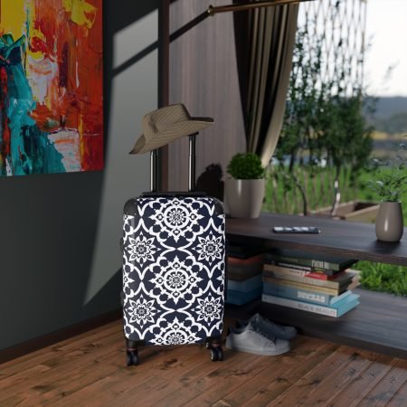 Navy Moroccan Tile Carry-On Suitcase — Travel Luggage with White Geometric Pattern