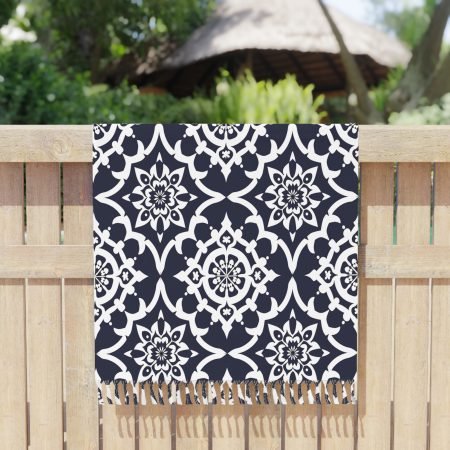 Boho Moroccan Beach Towel — Navy/White Fringe Summer Throw
