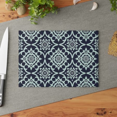 Decorative Glass Cutting Board — Navy Moroccan Tile Pattern