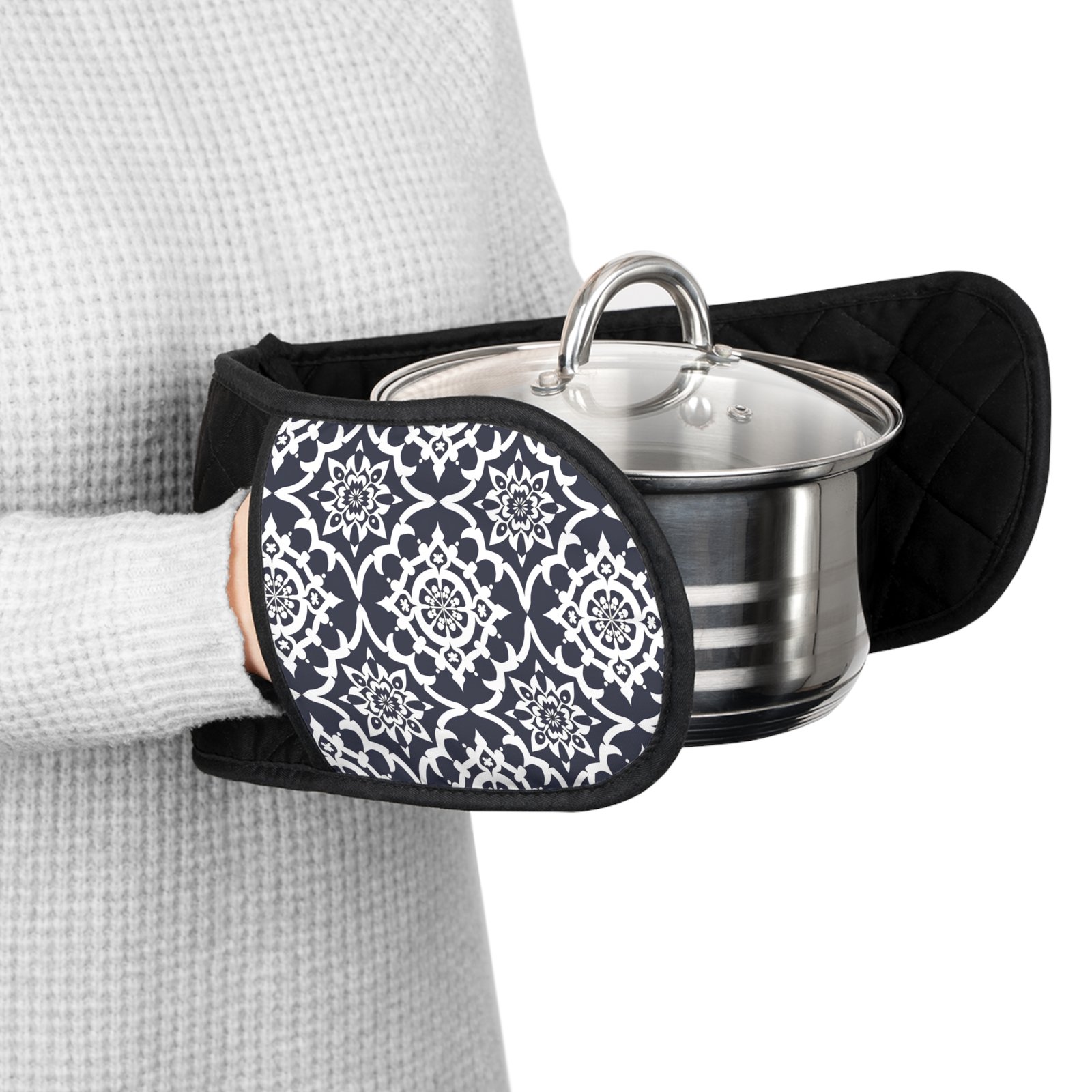 Double Oven Mitts Sleeve — Black Quilted Heat-Resistant Pot Holder with Gray Damask Trim