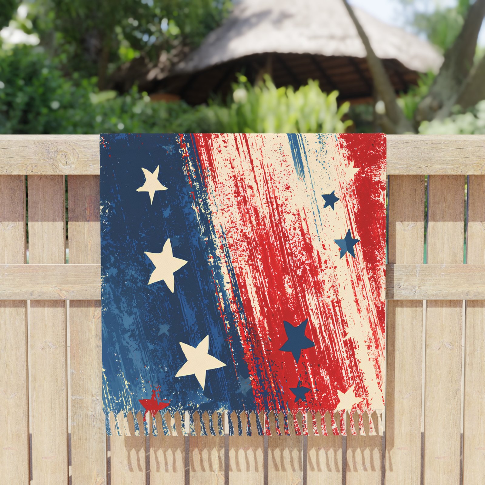 Boho Beach Towel — Rustic American Stars Red White Blue Fringe Towel for Fourth of July & Summer