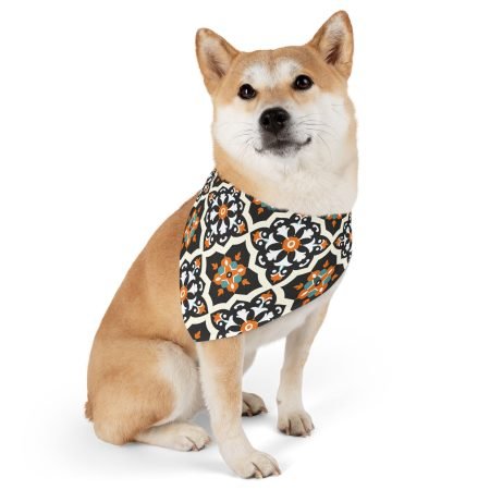 Boho Tile Pattern Pet Bandana Collar – Geometric Orange & Teal Dog Scarf