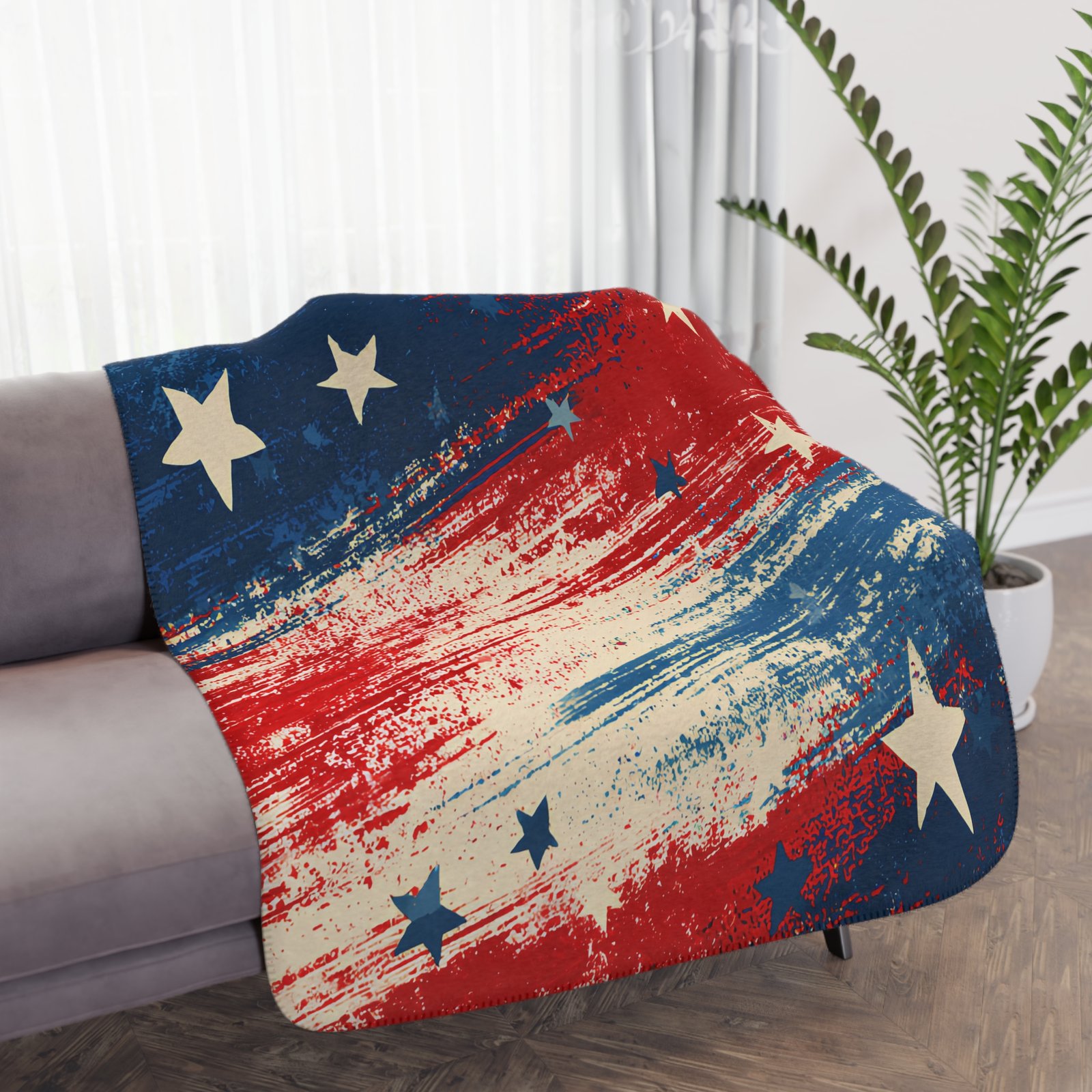 Patriotic Stars Sherpa Blanket – Tan Reversible Cozy Throw - Image 2