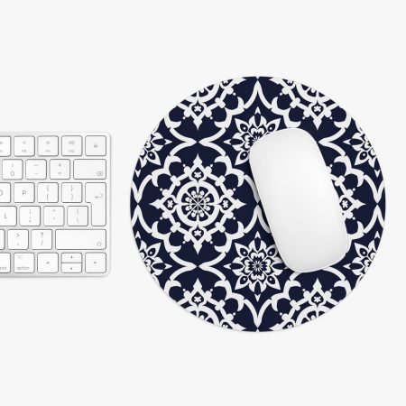 Round Navy Moroccan Tile Mouse Pad