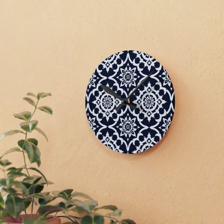 Navy Moroccan Tile Acrylic Wall Clock — Decorative Modern Boho Home Décor