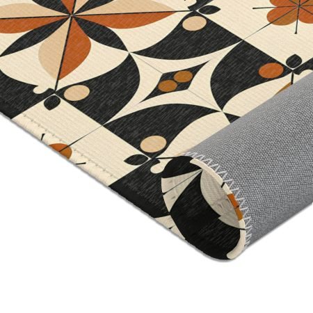 Vintage Geometric Tile Area Rug — Retro Orange & Black Mid-Century Accent Rug