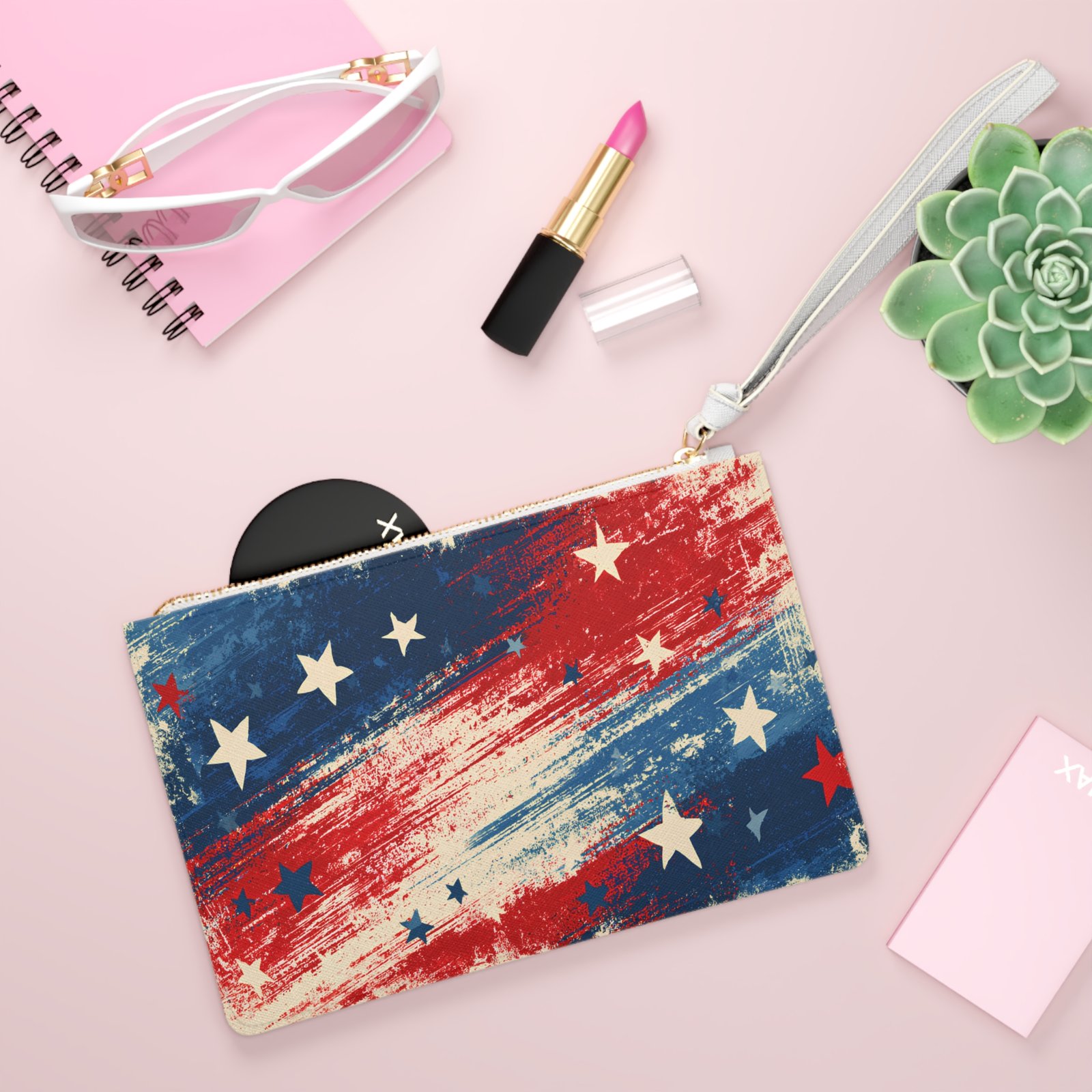 Patriotic Distressed Stars Clutch Bag — Red White & Blue Wristlet for 4th of July