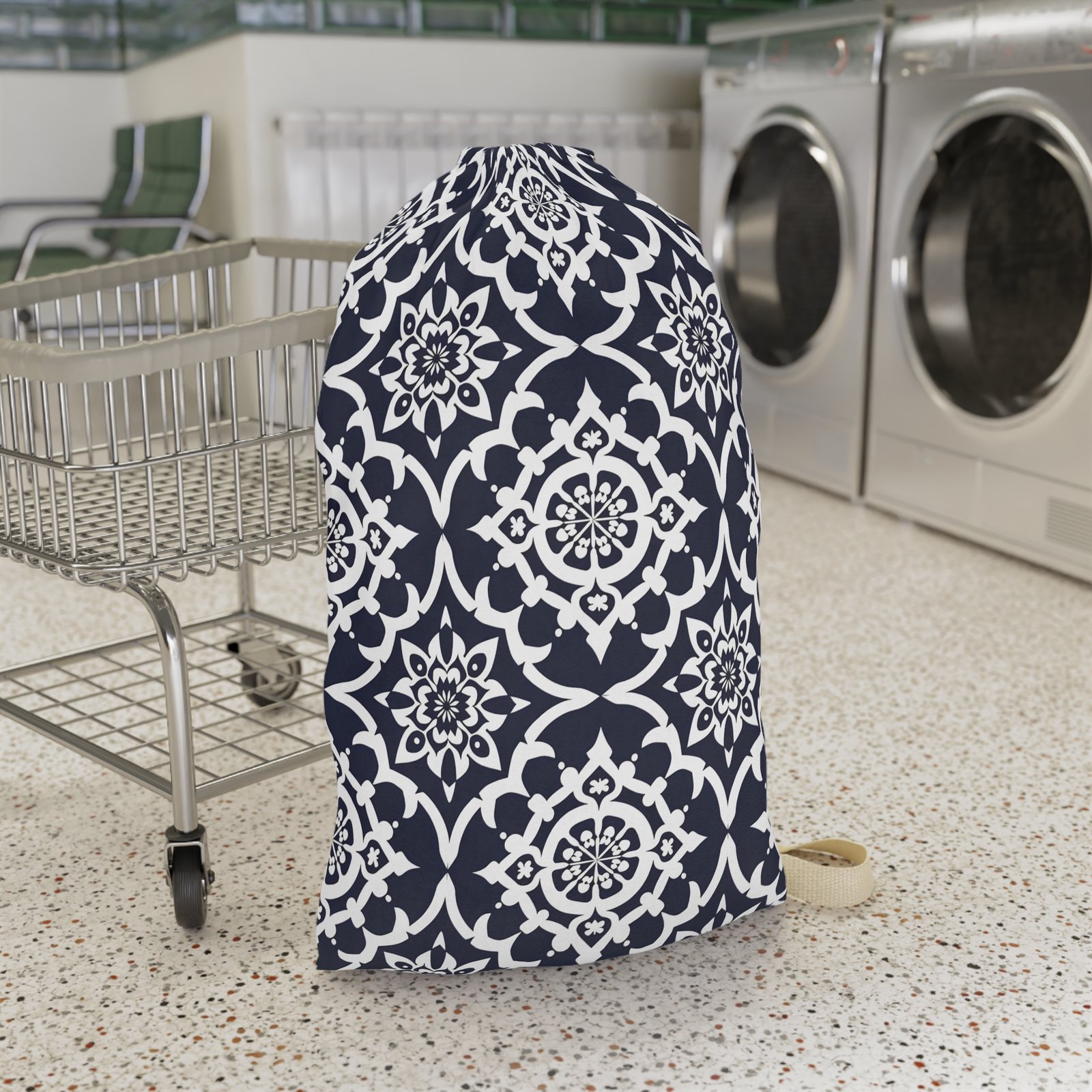 Navy Tile Pattern Laundry Bag – Decorative Drawstring Clothes Tote - Image 3