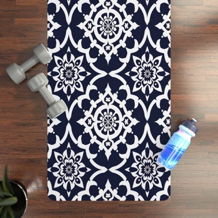 Navy Moroccan Tile Rubber Yoga Mat — Non-Slip Pilates & Fitness Mat