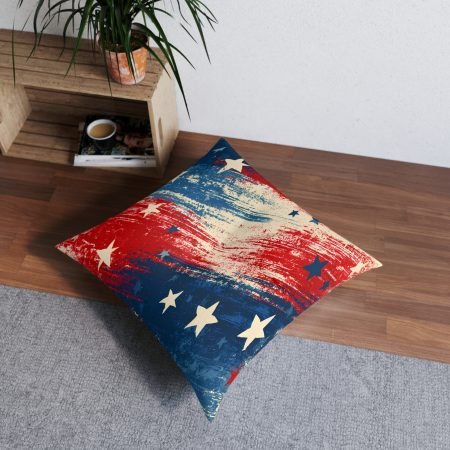 Patriotic Stars & Stripes Tufted Floor Pillow — Distressed Red White Blue Accent