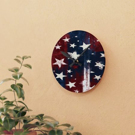 American Flag Acrylic Wall Clock – Distressed Stars & Stripes Patriotic Decor