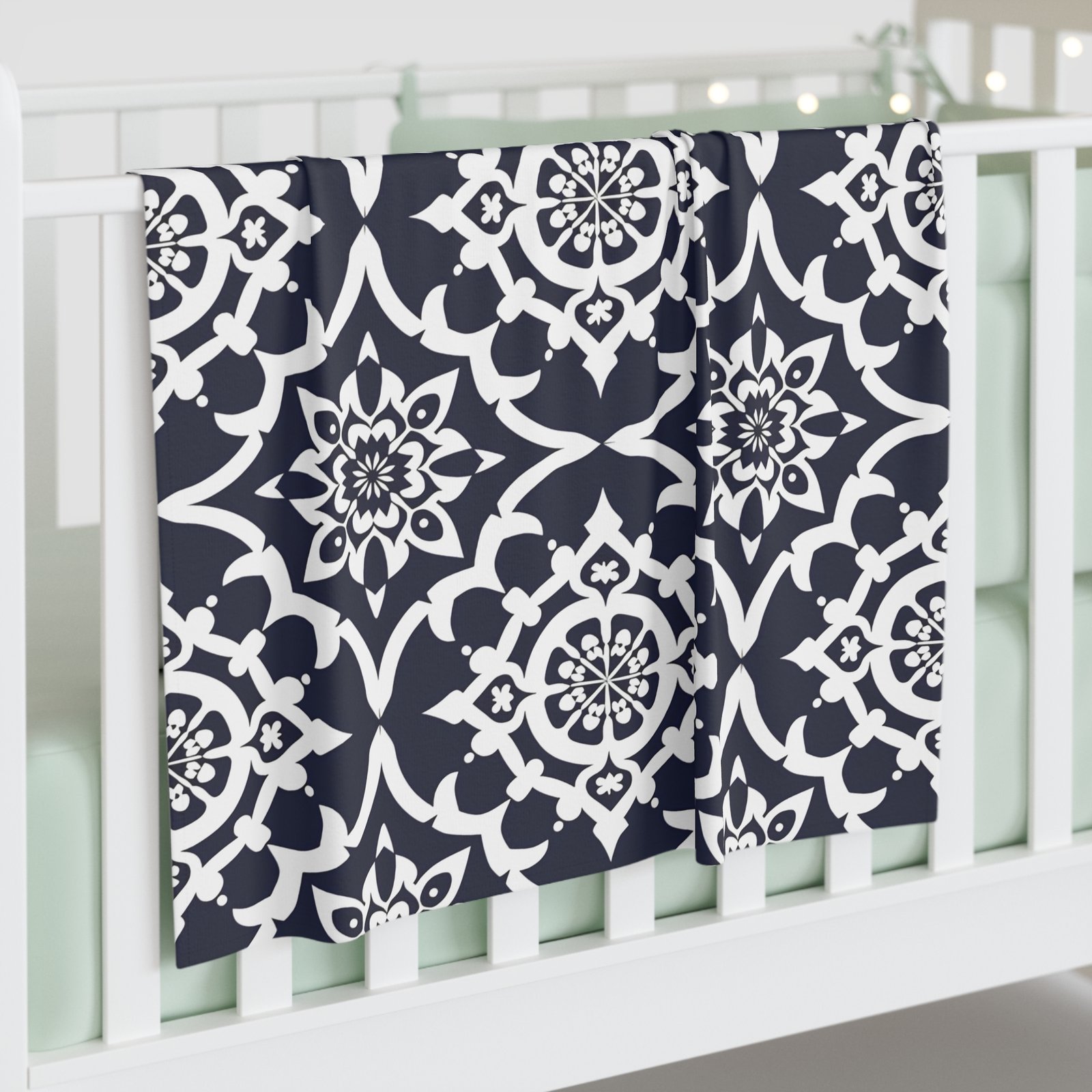 Navy Moroccan Tile Baby Swaddle Blanket — Soft Cotton Swaddle for Newborns - Image 2
