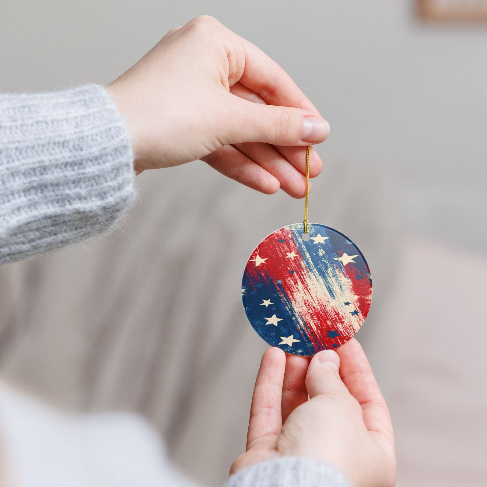 Patriotic Ceramic Ornament — Distressed American Flag Stars Holiday Decoration - Image 3