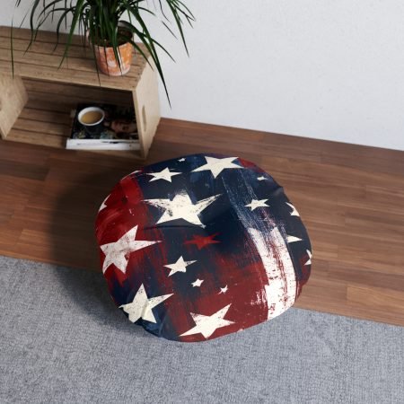 Patriotic Stars Round Tufted Floor Pillow — Distressed American Flag Decor