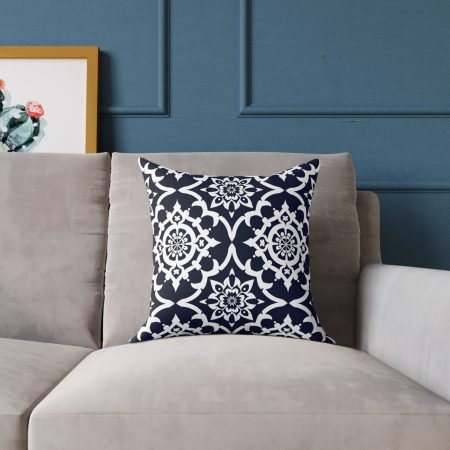 Navy Moroccan Tile Square Throw Pillow — Decorative Poly Canvas Accent Cushion