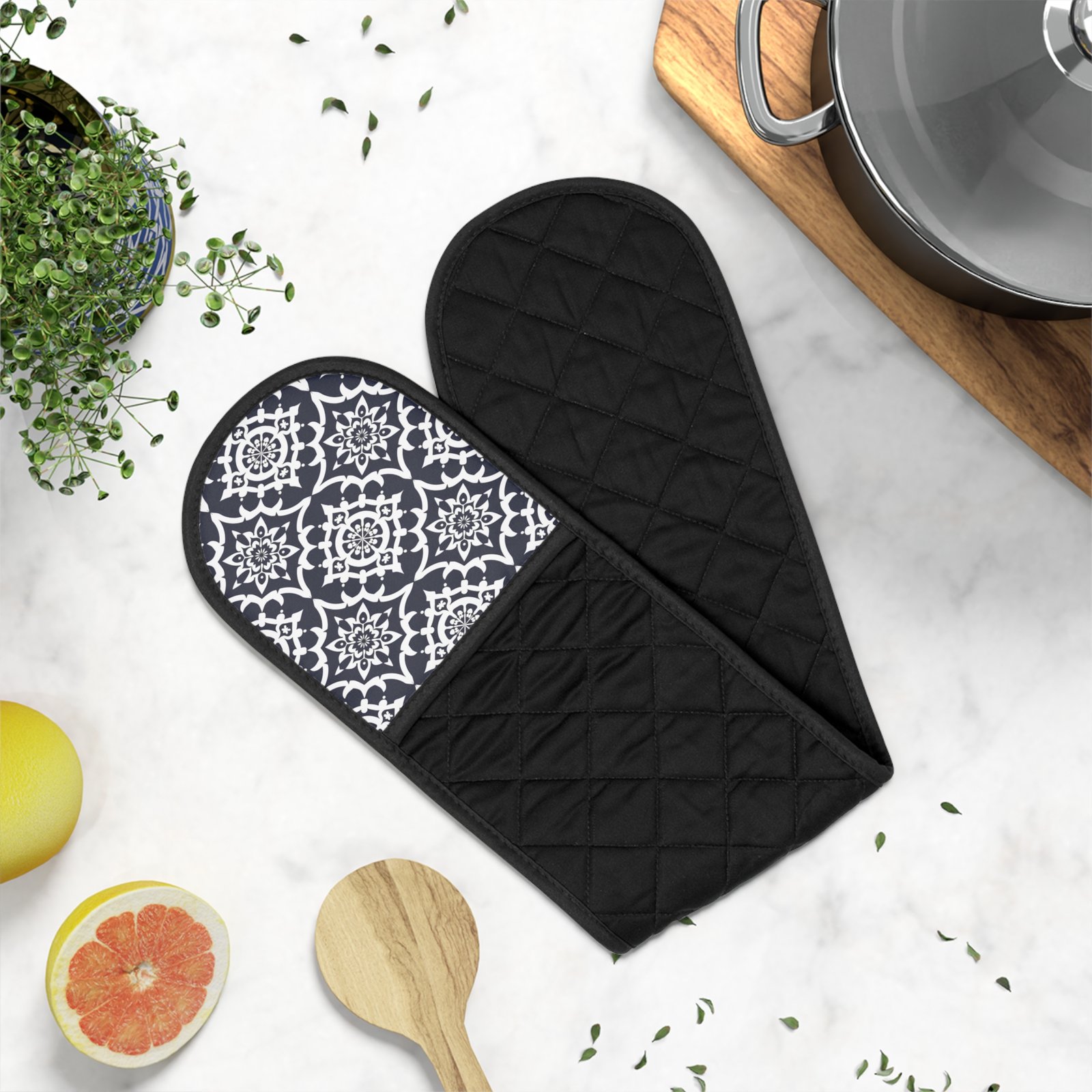 Double Oven Mitts Sleeve — Black Quilted Heat-Resistant Pot Holder with Gray Damask Trim - Image 2