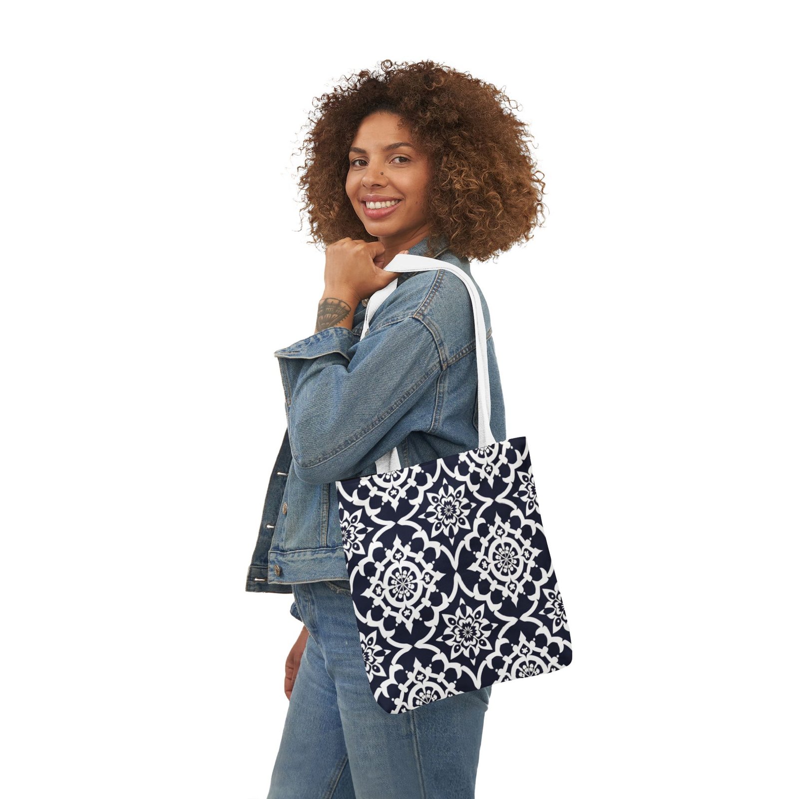 Navy Moroccan Tile Canvas Tote Bag
