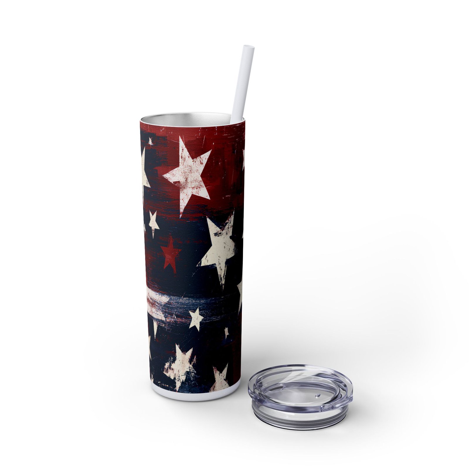 20oz Skinny Tumbler - Distressed American Flag Stars Stainless Straw Cup - Image 4