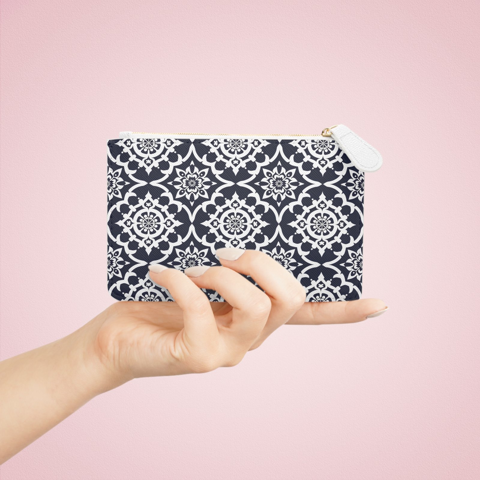 Mini Clutch Bag — Navy White Moroccan Tile Pattern Cosmetic Pouch - Image 2
