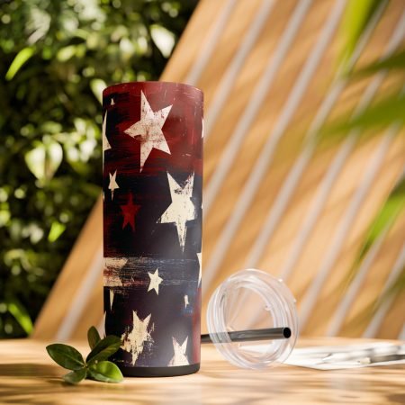 20oz Skinny Tumbler - Distressed American Flag Stars Stainless Straw Cup