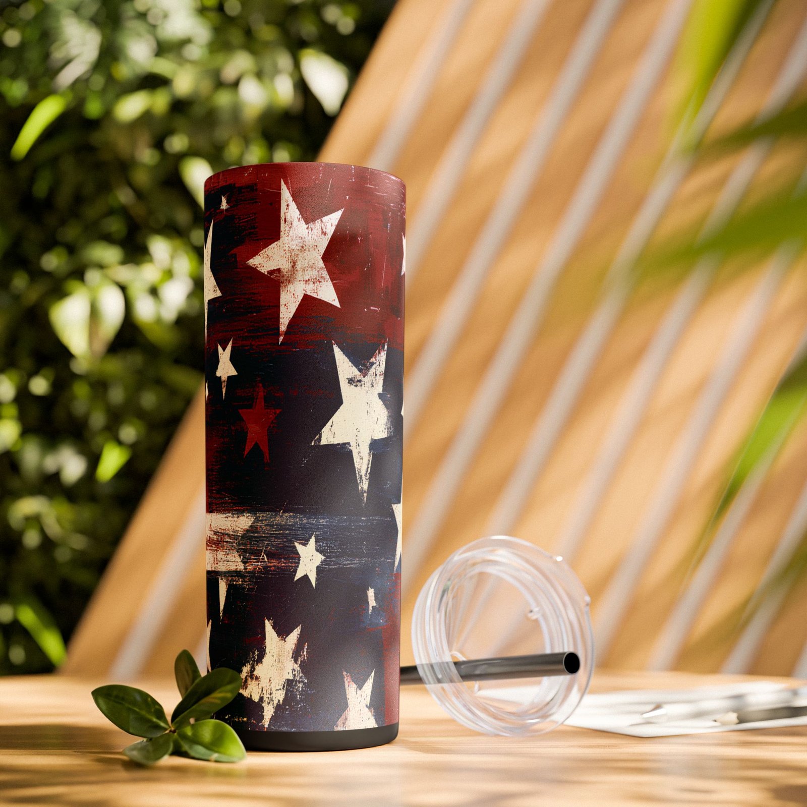 20oz Skinny Tumbler - Distressed American Flag Stars Stainless Straw Cup
