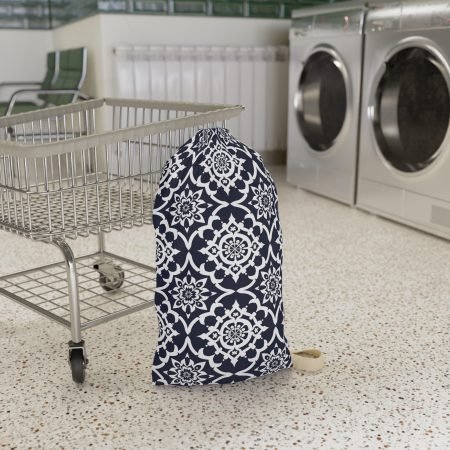 Navy Tile Pattern Laundry Bag – Decorative Drawstring Clothes Tote