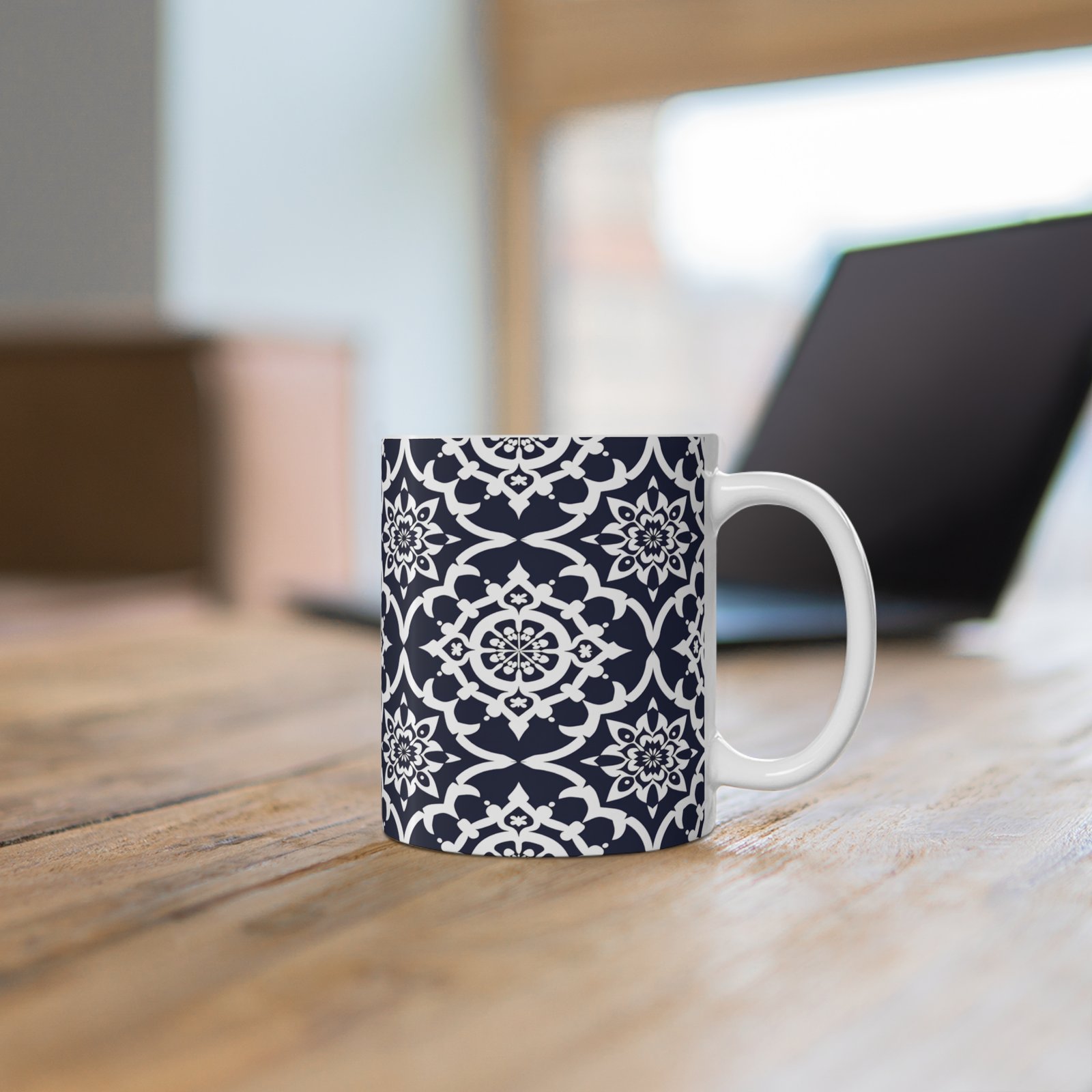Navy Moroccan Tile 11oz Ceramic Mug — Elegant Geometric Pattern Coffee Cup - Image 2