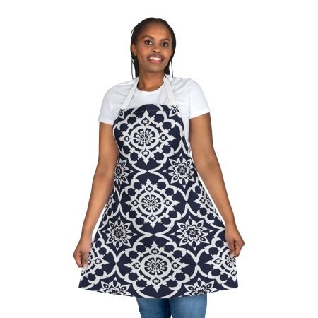 Navy Mandala Tile Apron — Decorative Kitchen Apron with White Floral Geometric Pattern