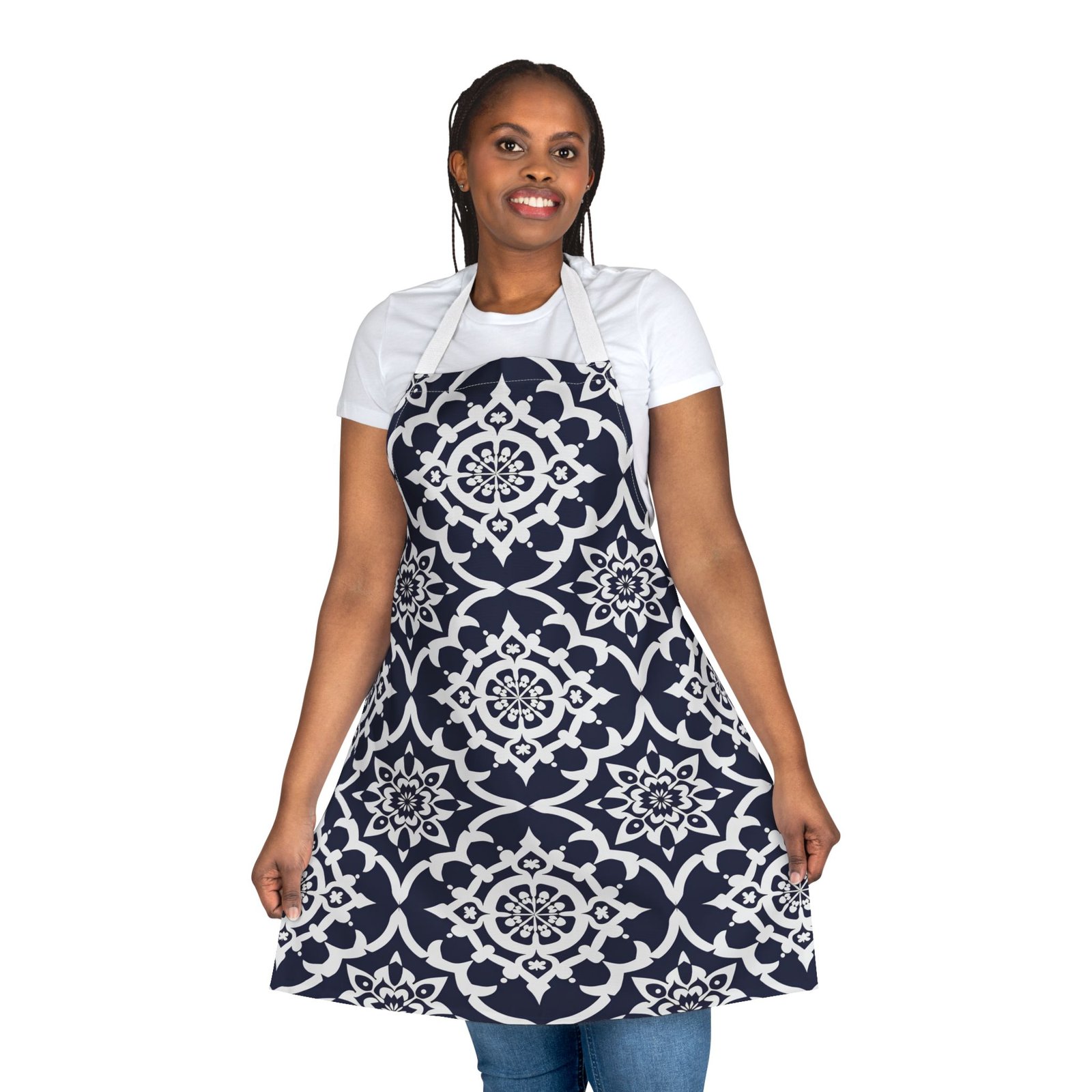 Navy Mandala Tile Apron — Decorative Kitchen Apron with White Floral Geometric Pattern