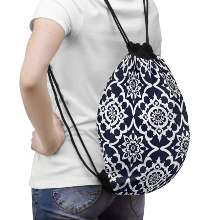 Navy Moroccan Tile Drawstring Bag – Geometric Pattern Gym Sack