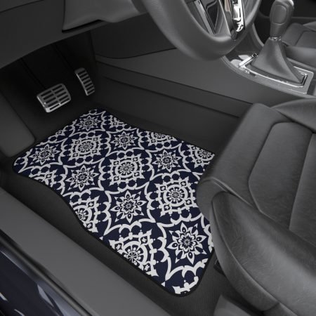 Navy Tile Pattern Car Mats — 4‑Piece Decorative Floor Mat Set