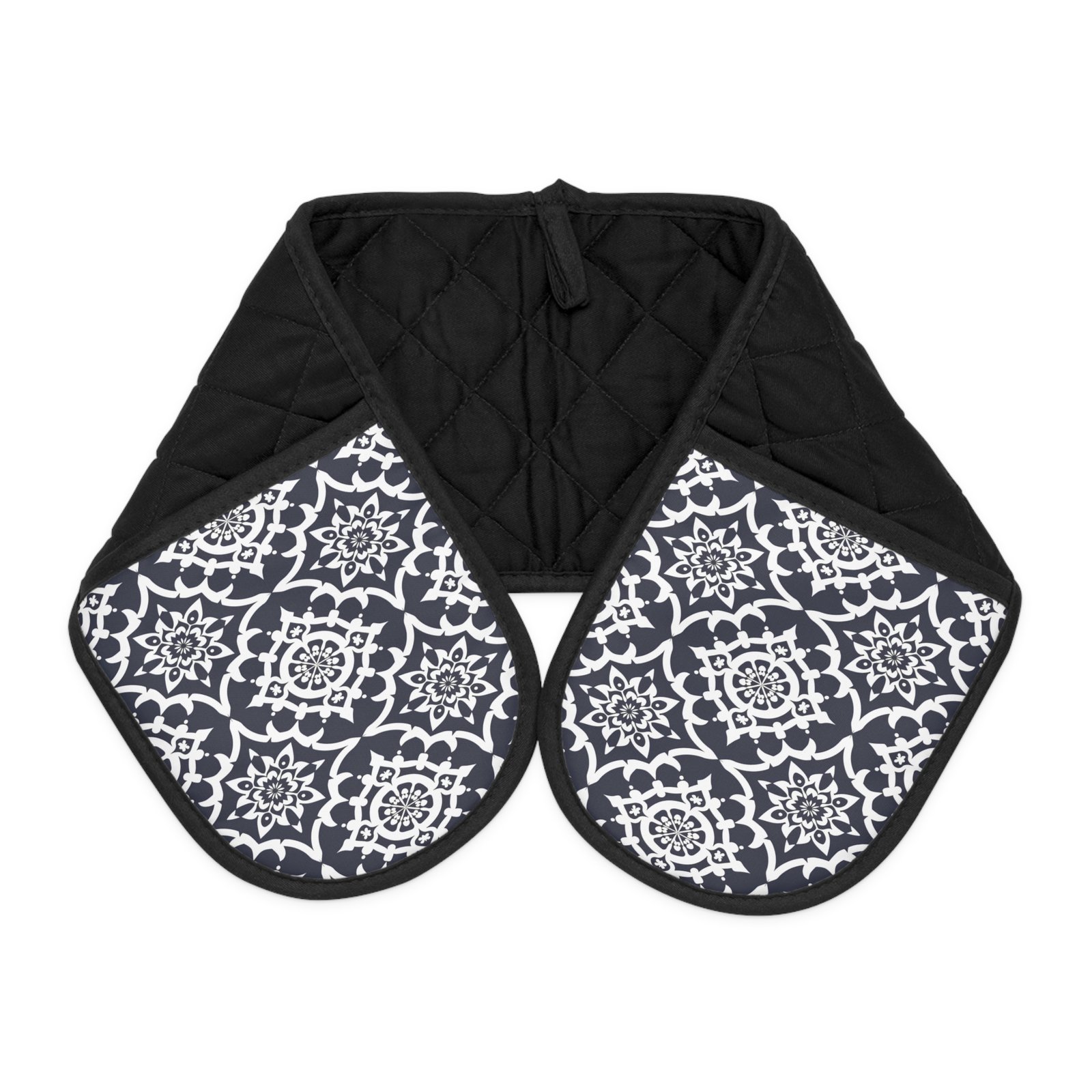 Double Oven Mitts Sleeve — Black Quilted Heat-Resistant Pot Holder with Gray Damask Trim - Image 3