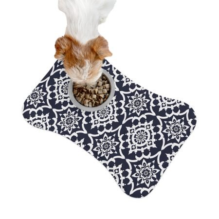 Bone-Shaped Pet Feeding Mat — Navy White Mandala Non-Slip Placemat for Dogs & Cats