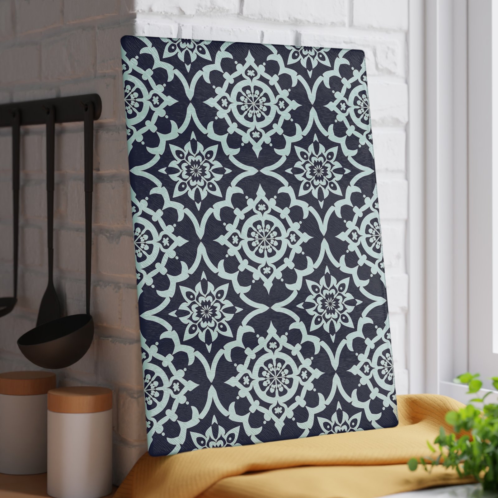 Decorative Glass Cutting Board — Navy Moroccan Tile Pattern - Image 3
