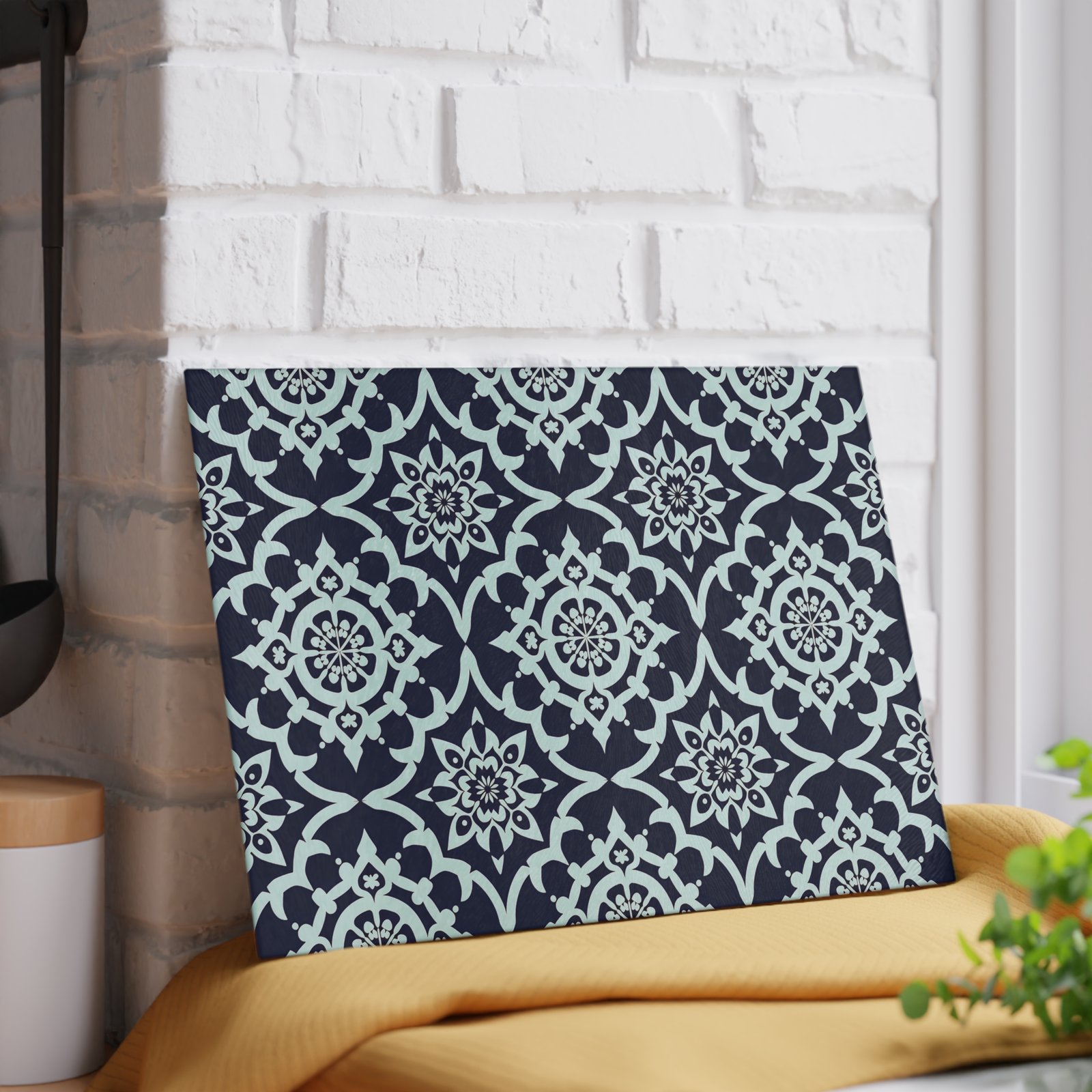 Decorative Glass Cutting Board — Navy Moroccan Tile Pattern - Image 2