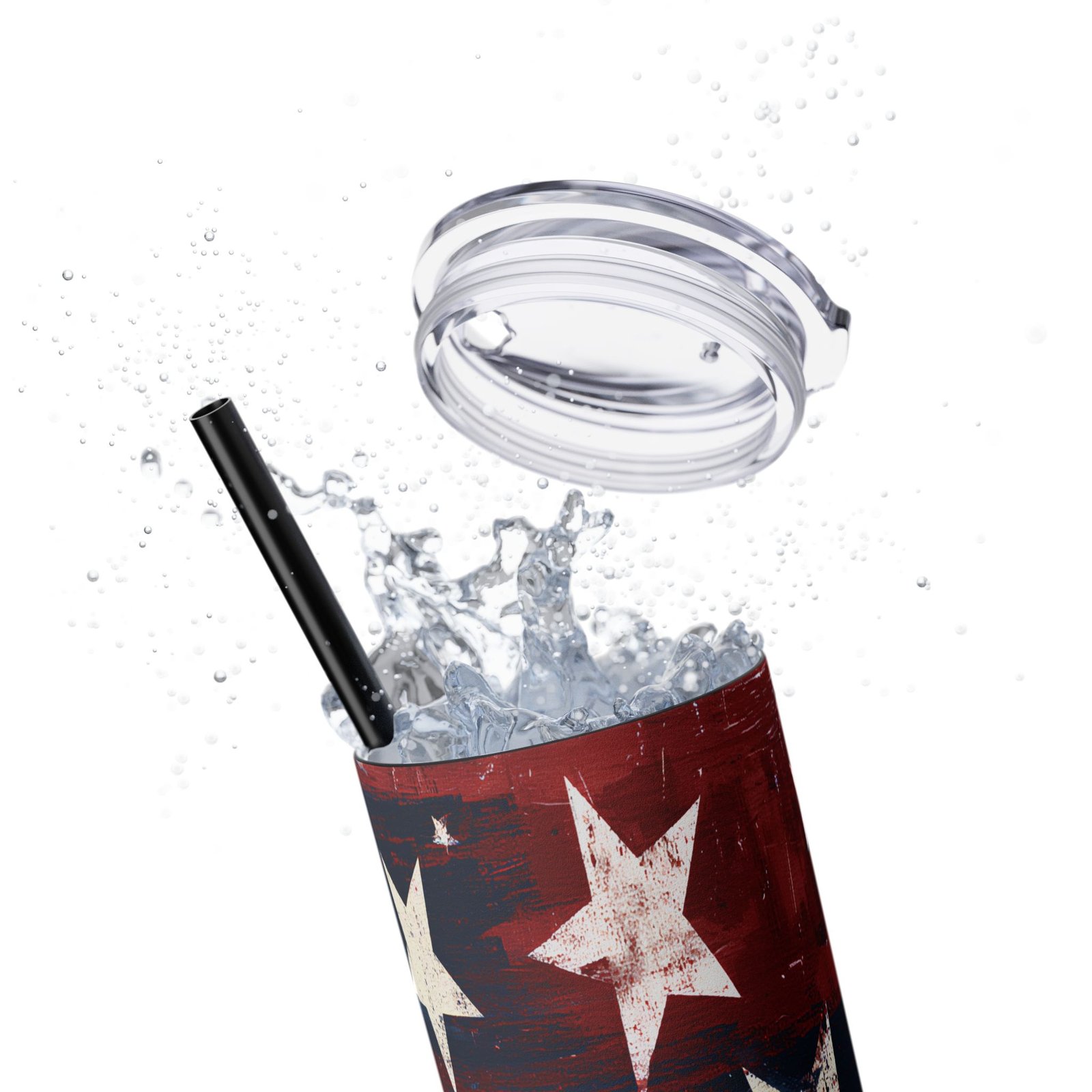 20oz Skinny Tumbler - Distressed American Flag Stars Stainless Straw Cup - Image 2