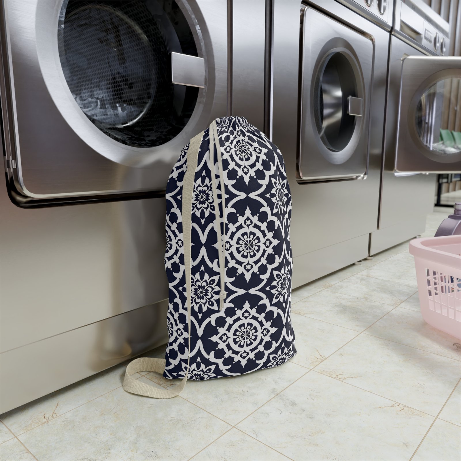 Navy Tile Pattern Laundry Bag – Decorative Drawstring Clothes Tote - Image 2