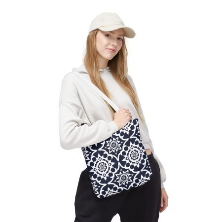 Navy Moroccan Tile Pattern Tote Bag — All-Over Print Canvas Shopper