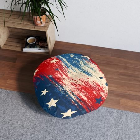 Round Tufted Floor Pillow — Distressed American Flag Stars & Stripes Decor