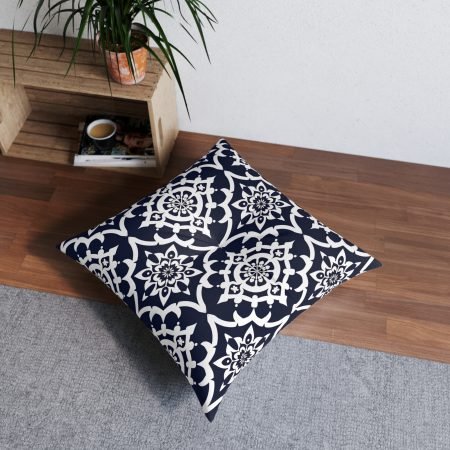 Navy Moroccan Tile Tufted Floor Pillow — Square Decorative Accent