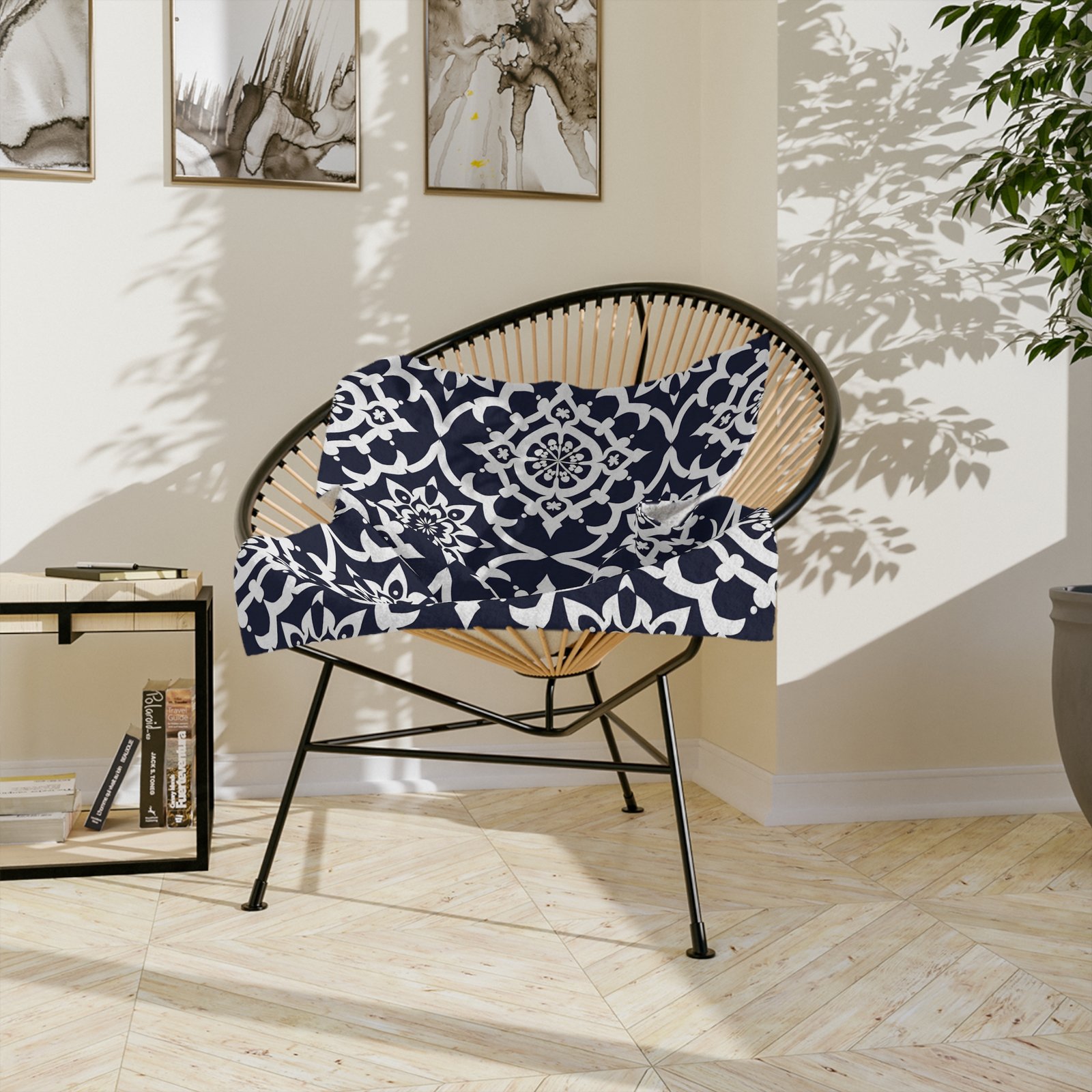 Velveteen Microfiber Blanket — Navy White Moroccan Tile Throw for Living Room, Sofa & Bed