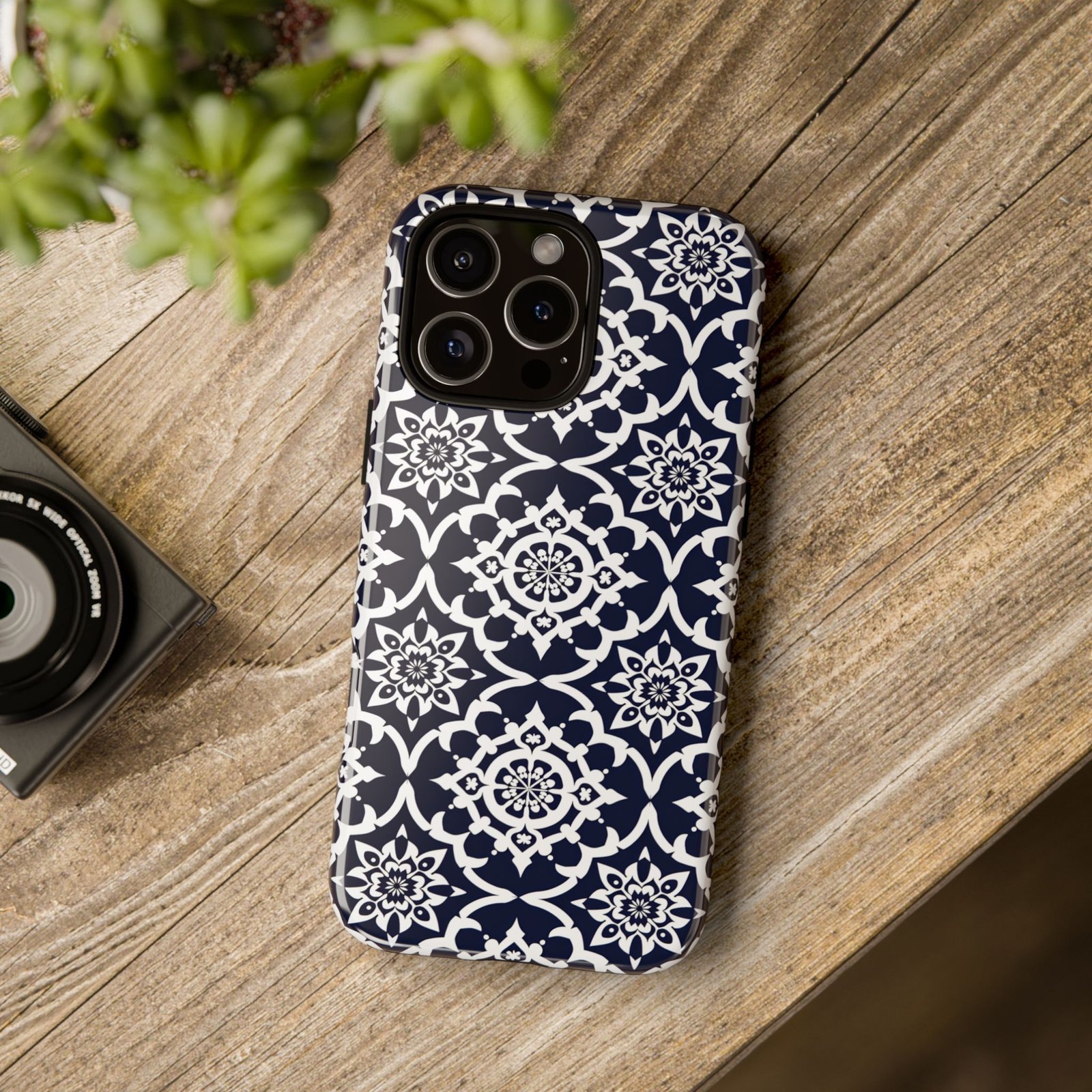 Navy Moroccan Tile Tough Phone Case — Floral Geometric Protective Cover - Image 3