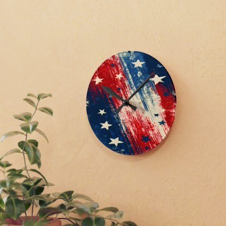 Patriotic American Flag Acrylic Wall Clock — Distressed Red White & Blue Stars