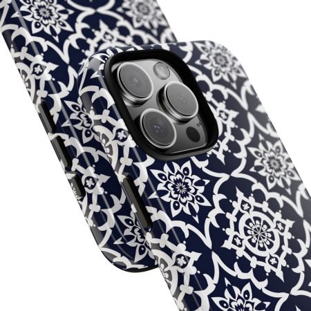 Navy Moroccan Tile Tough Phone Case — Floral Geometric Protective Cover